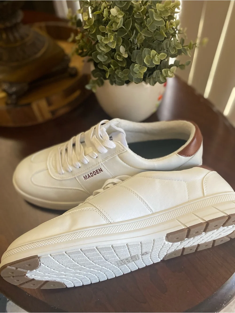 Men’s White Madden Orthopedic Sneakers with Brown Heel Accent
